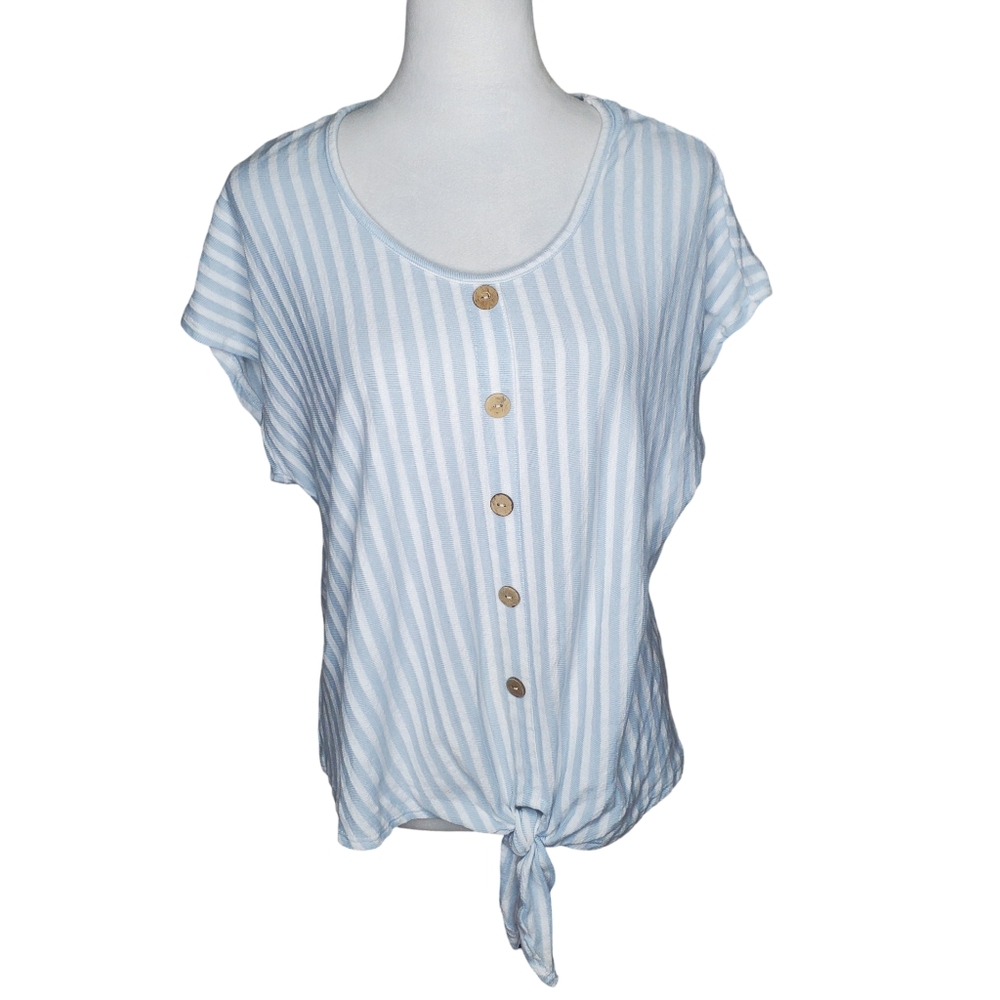 🦋Gyft Pale Blue & White Striped Button Detail Tie Top